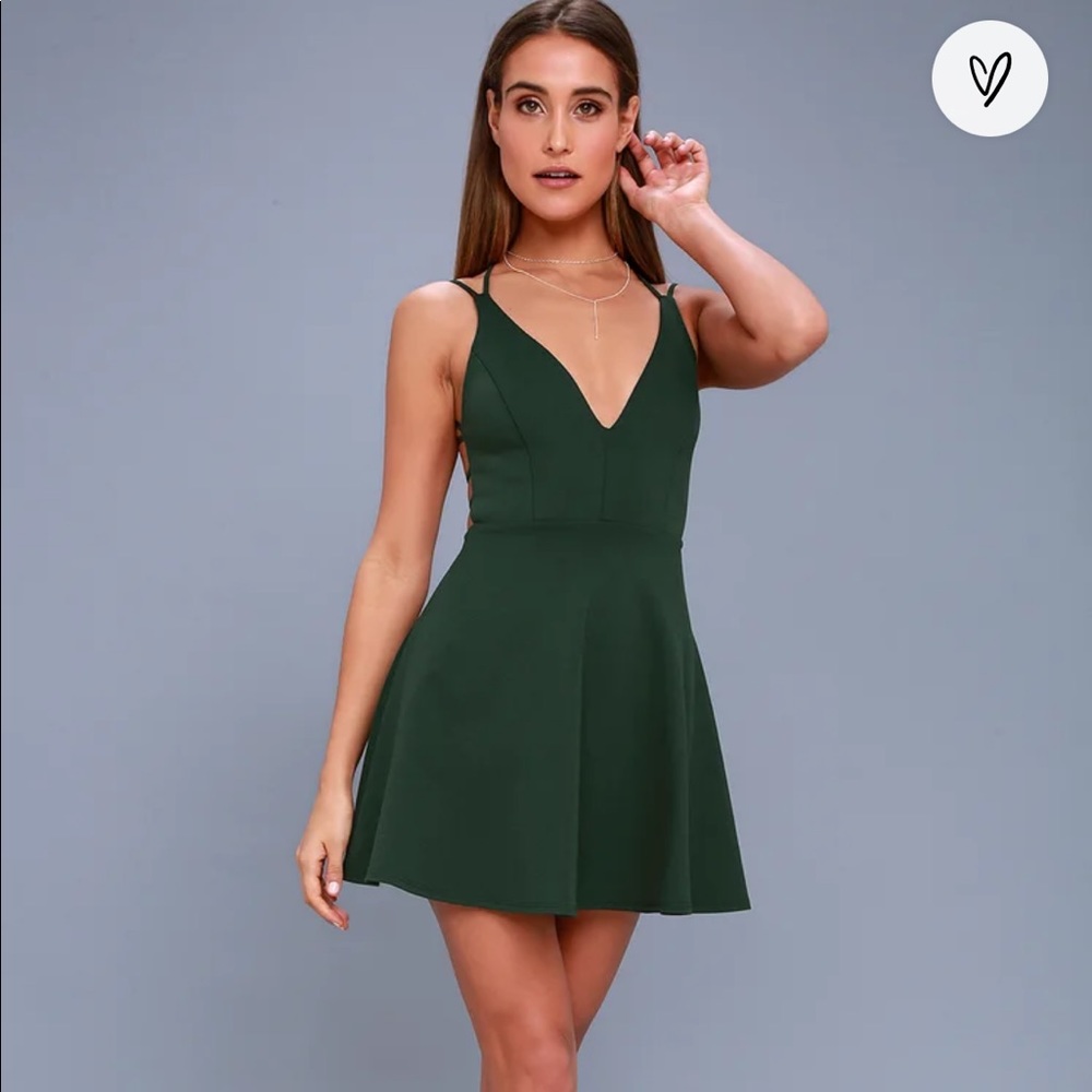 Lulu’s Believe in Love Forest Green Backless Skater Dress